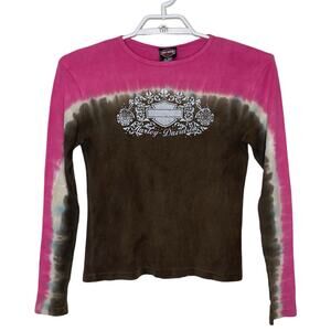 Vtg HARLEY DAVIDSON Thermal Long Sleeve Top Pink Brown Tie Dye Y2K Rhinestone S